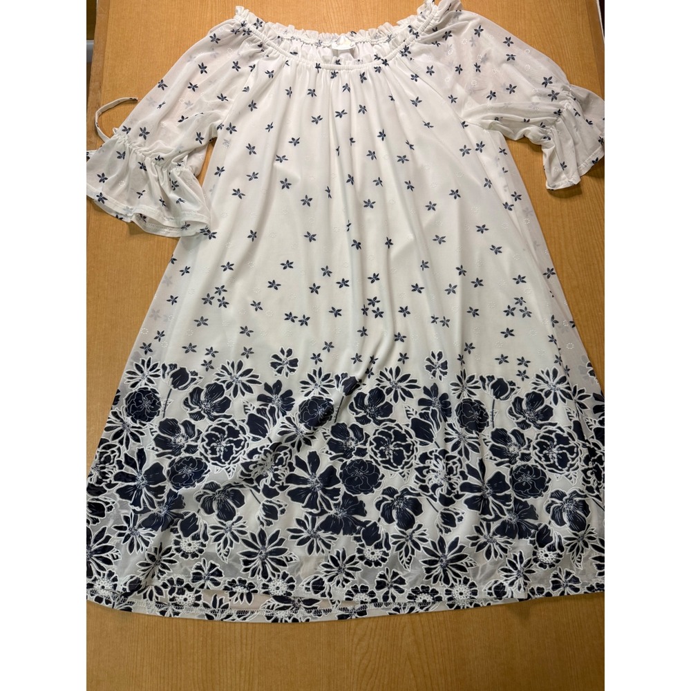 Sirenlily Women Blue White Floral Eyelet Off Shoulder Bell Sleeve Mini Dress L